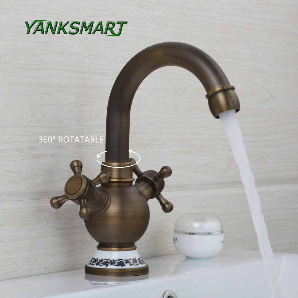 

YANKSMART Dual Handles Kitchen Faucet Antique Brass Swivel 360 Deck Mount Sink Torneira Cozinha Faucets Mixer Tap