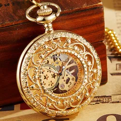 Luxury Steampunk Gold Bronze Mechanical Pocket Watch With FOB Chain Hand Wind Skeleton Hollow Clock For Men Women Gift Box