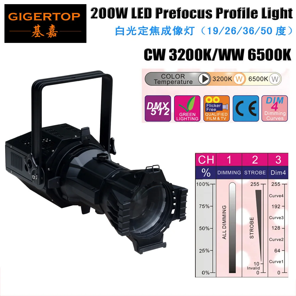 

TIPTOP TP-013 200W Warm White COB Led Profocus Profile Light 3200K Color (6500K Available) 3 DMX Channel Manual Zoom LCD Display