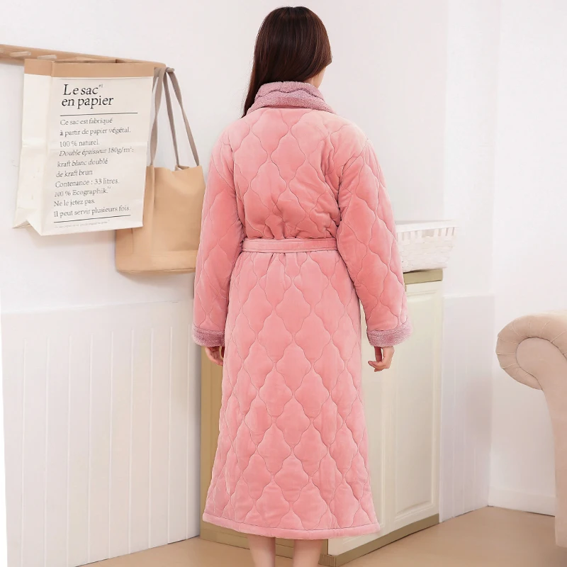 Winter New Coral Fleece Quilted Lady Robe Kimono Bathrobe Nightgown Thick Warm Long Sleeve Sleepwear Bath Night Gown M-XXXL