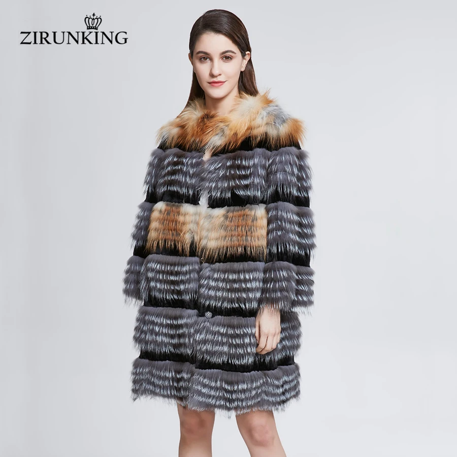 ZIRUNKING Real Silver Fox Fur Coat for Women Autumn warm Outerwear Knitted Stripe Fashion Female Fur Overcoats Clothing ZC1822