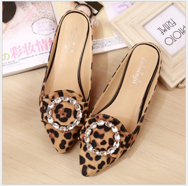 

33-43 Big Yards For Women's Shoes Summer 2021 Diamond Cool Slippers Female Flat Baotou Lazy Leopard Slippers Single Shoes