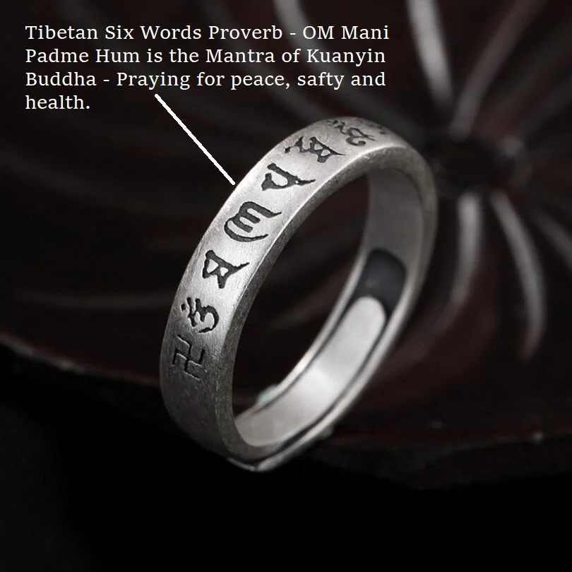 Handcrafted 100% 999 Silver Ring Tibetan Six Words Ring Kuanyin OM Mantra Ring GOOD LUCK Buddhist OM Ring Resizable