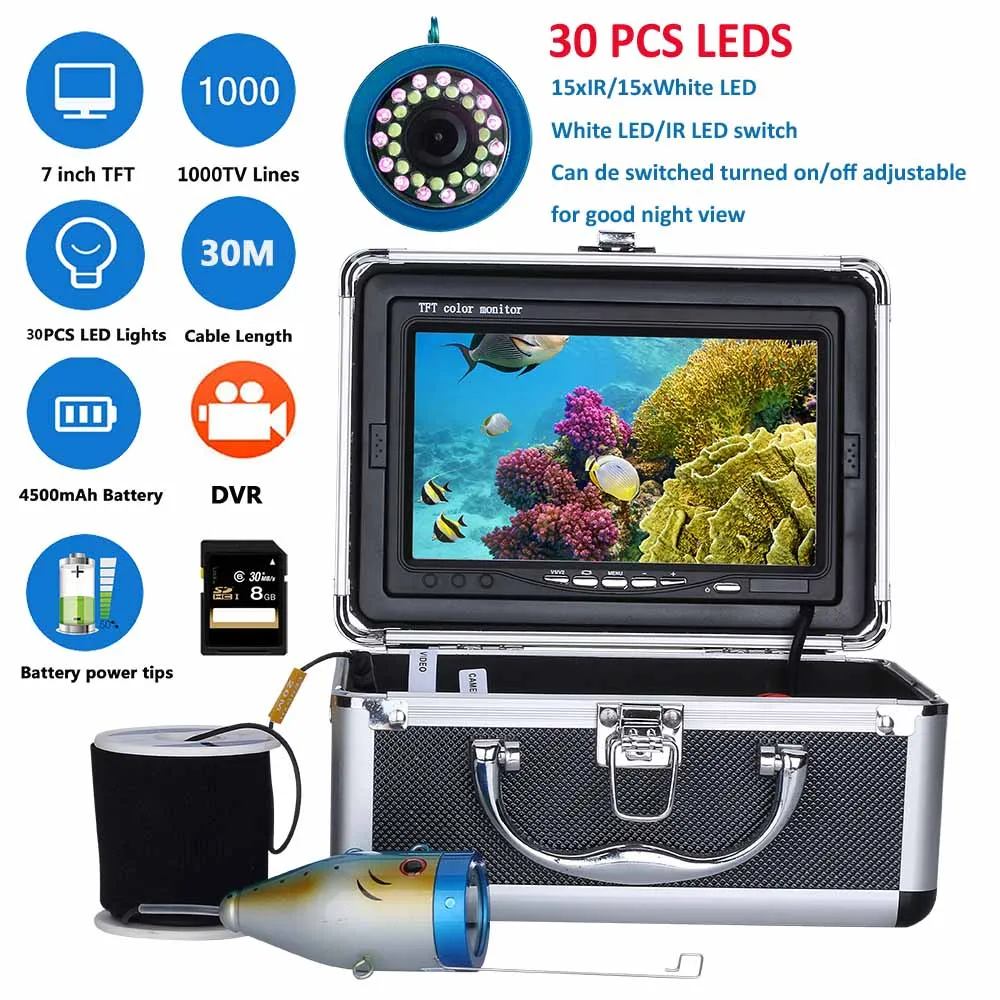 7 "Inch DVR Recorder 30 m 1000TVL Fish Finder Onderwater Vissen Camera 15 stks Witte LEDs + 15 stks infrarood Lamp Voor Ijs/Zee/Rivier