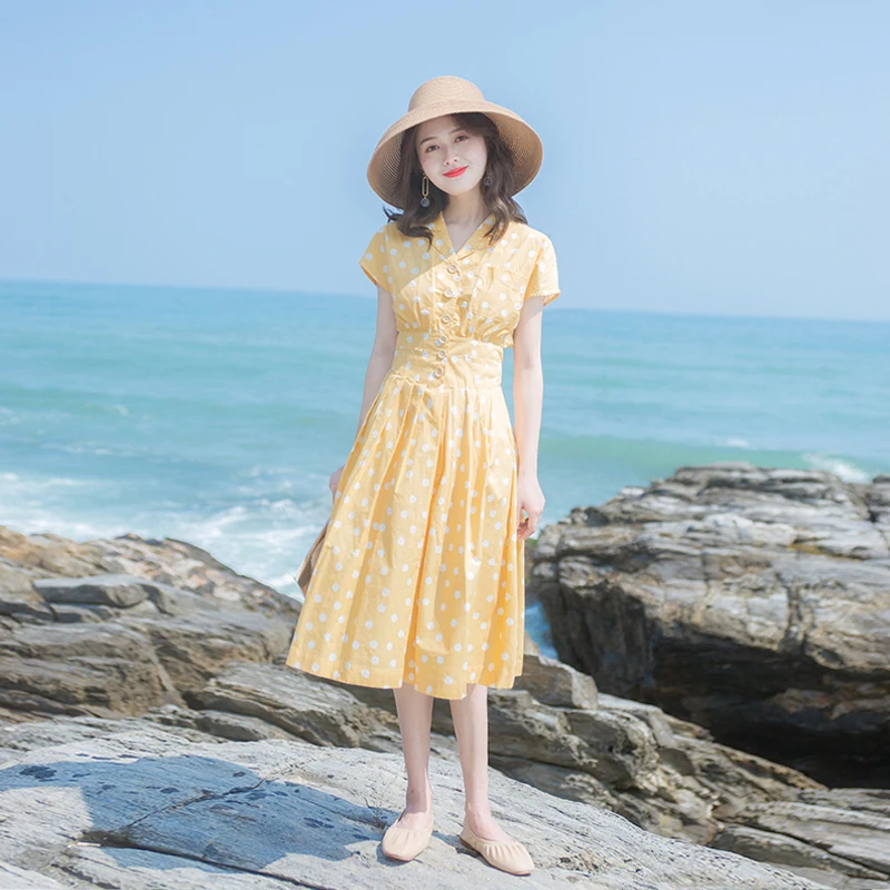 2019 summer new women's fashion casual dress Slim clear French retro wave point Mori GirlV collar short-sleeved dress