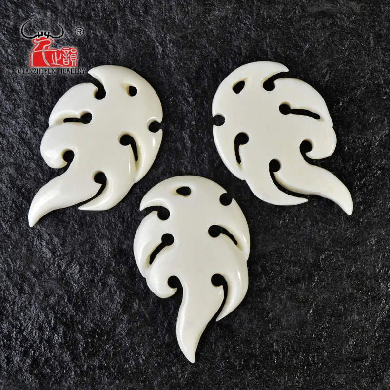 3PCS Handmade Carved Yak Bone Sea Wave Pendant New Zealand Maori Style Bone white Beads DIY Jewelry Accessory 42mmX26mm