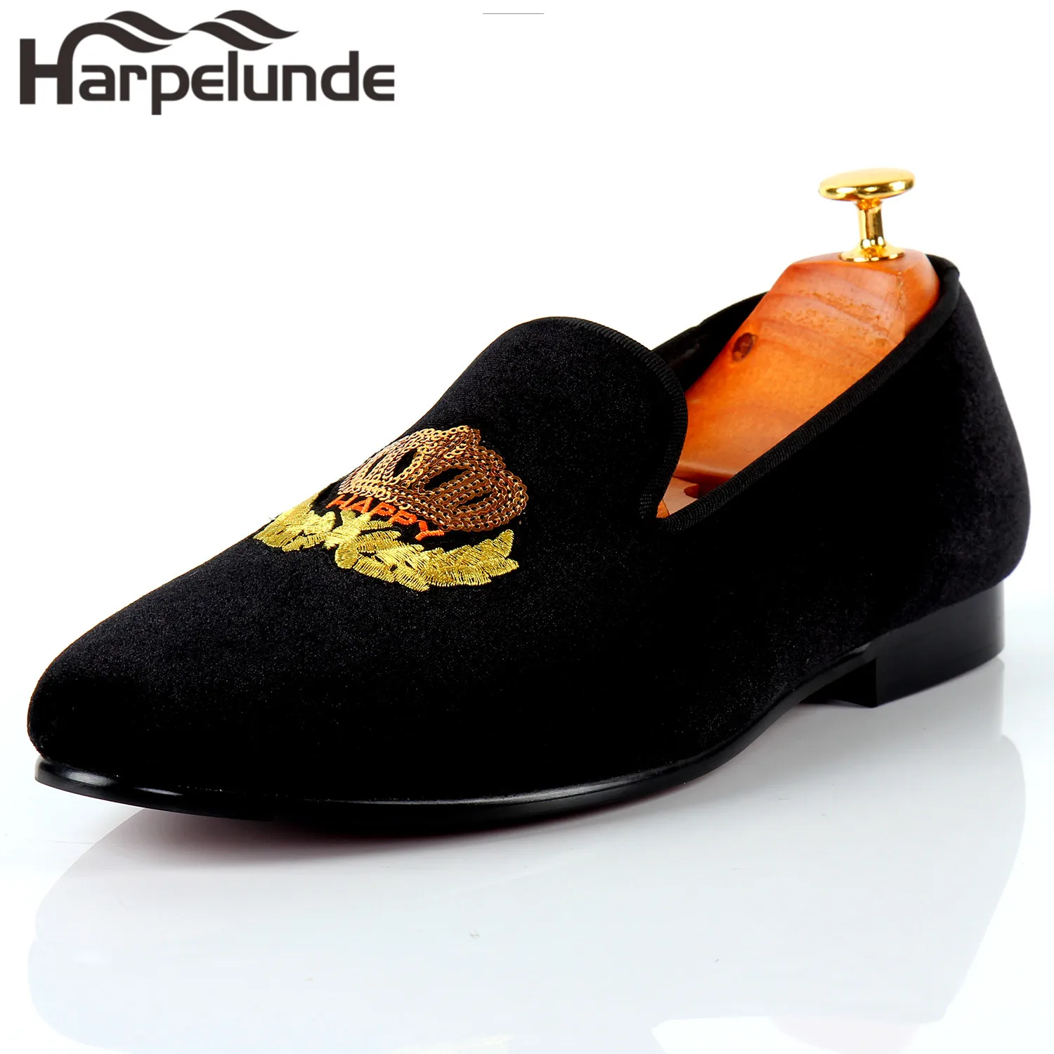 

Harpelunde Men Formal Dress Shoes Black Motif Embroidered Velvet Loafers Slip On Wedding Shoes