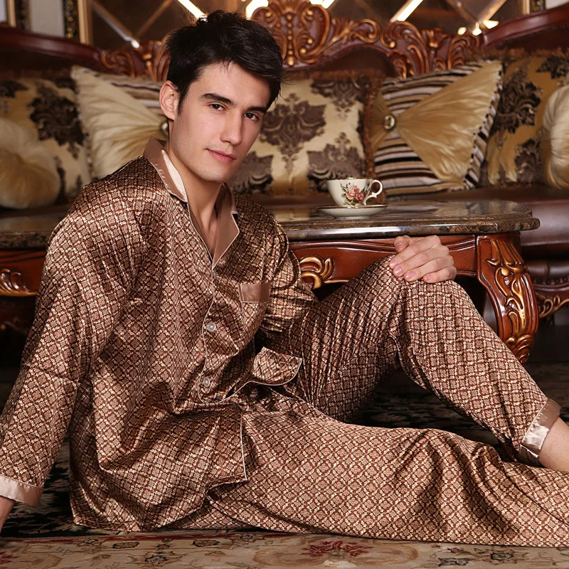 Sexy Faux Silk Men Pajamas Fashion Printed Ice Silk Sleepwear Male Long-Sleeve Pyjama Pants Sets Two-Pieces New 5002