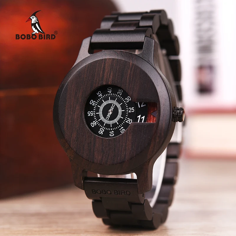 

BOBO BIRD V-R26 Full Ebony Mens Watch Wood Luxury Quartz Wristwatch Display erkek kol saati In Gift Wooden Box