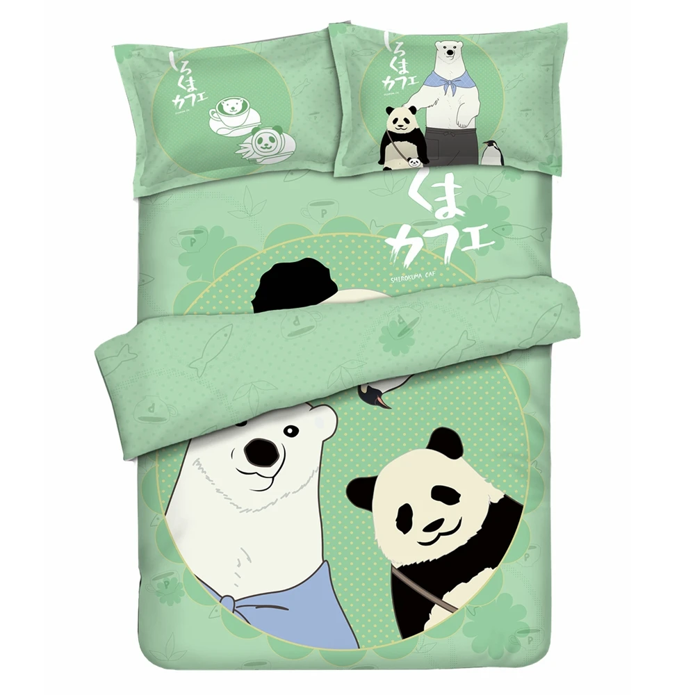 

Anime JK Cartoon Shirokuma Cafe Panda Polar Bear Penguin Green Comforter Set Bed Flat Sheet Quilt Cover Pillowcase Bedding Sets