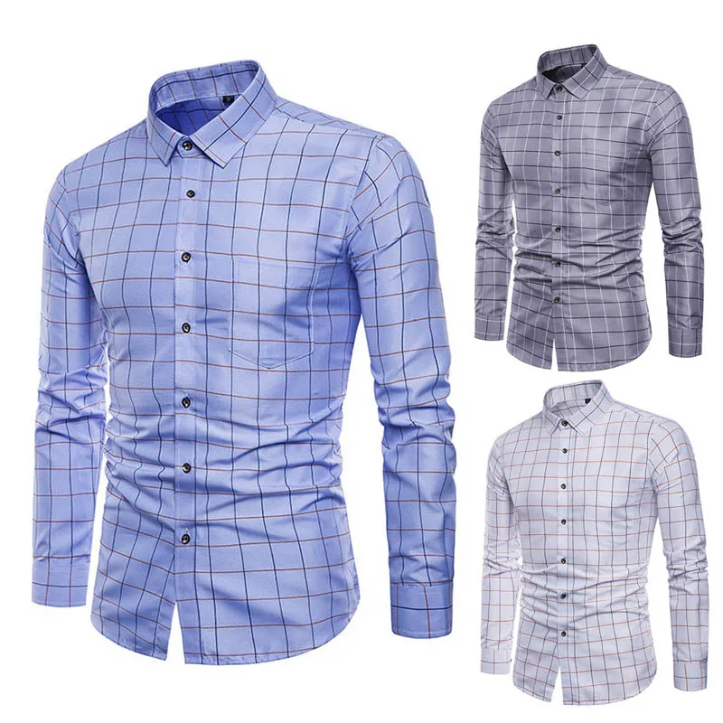 2018 Nuovi Uomini di Camicia A Maniche Lunghe Risvolto Griglia Sottile Pulsante Frontale Casual Cotone per il Partito Azienda Camisa Masculina Chemise homme