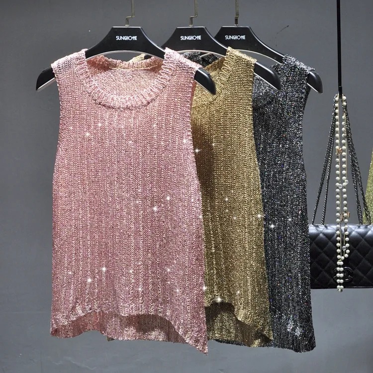 0 Summer Sexy O neck shiny gold tank tops women silver sequined knitted tank tops women loose bling bling sequines vest tops