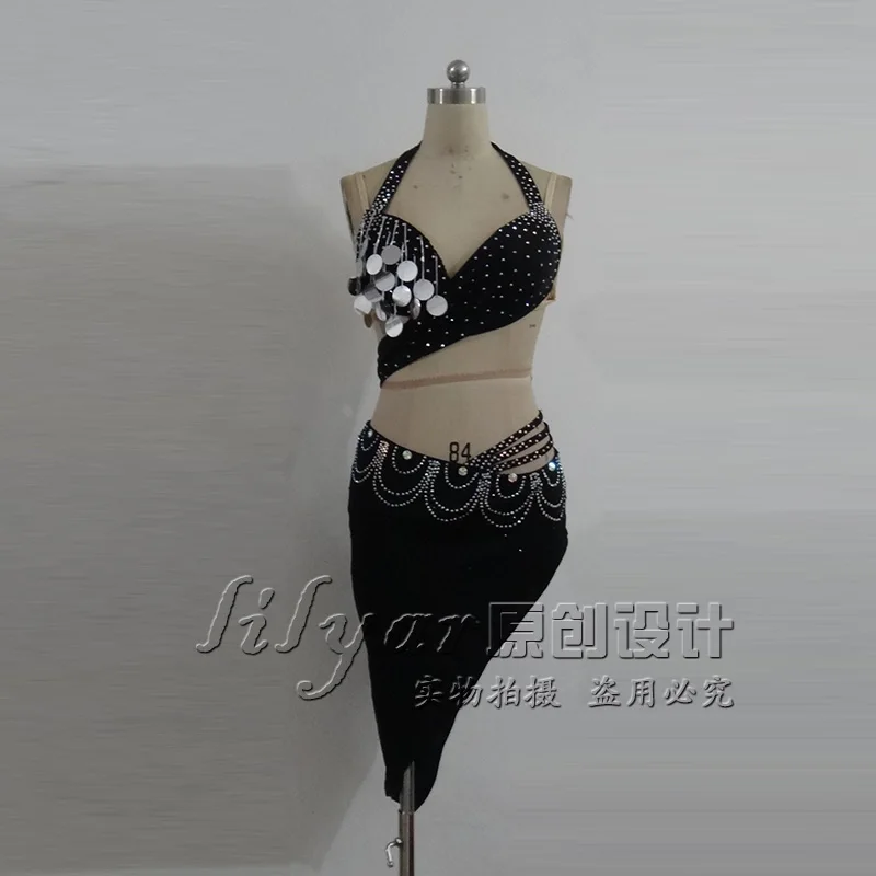 New Belly Dance Costume competition costume performance clothes inspire black sequins tassels can be customized