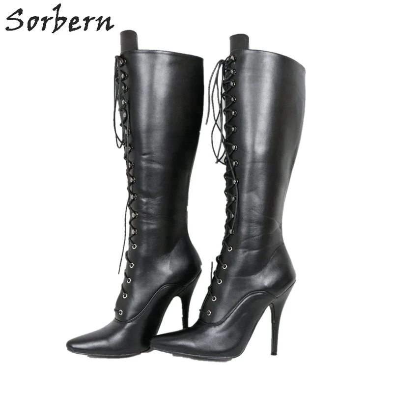 Sorbern Mode Kniehohe Stiefel Für Frauen Lace Up Nach Breite Fit Kalb Stiefel Frauen Schuhe Größe 42 Große Größe harte Welle Boot