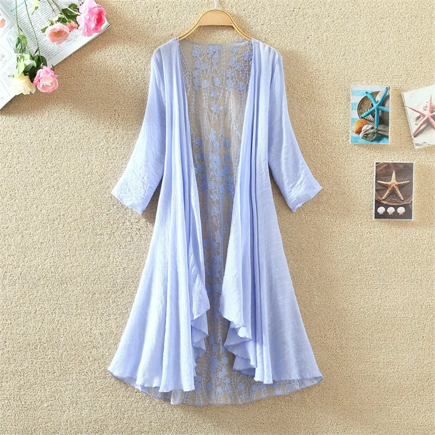 Gowyimmes Sommer Frauen Dünne Baumwolle Leinen Bluse Allgleiches Mädchen Midi Lange Spitze Shirt Sonne Schutz Kleidung Strand Mantel Cape 364