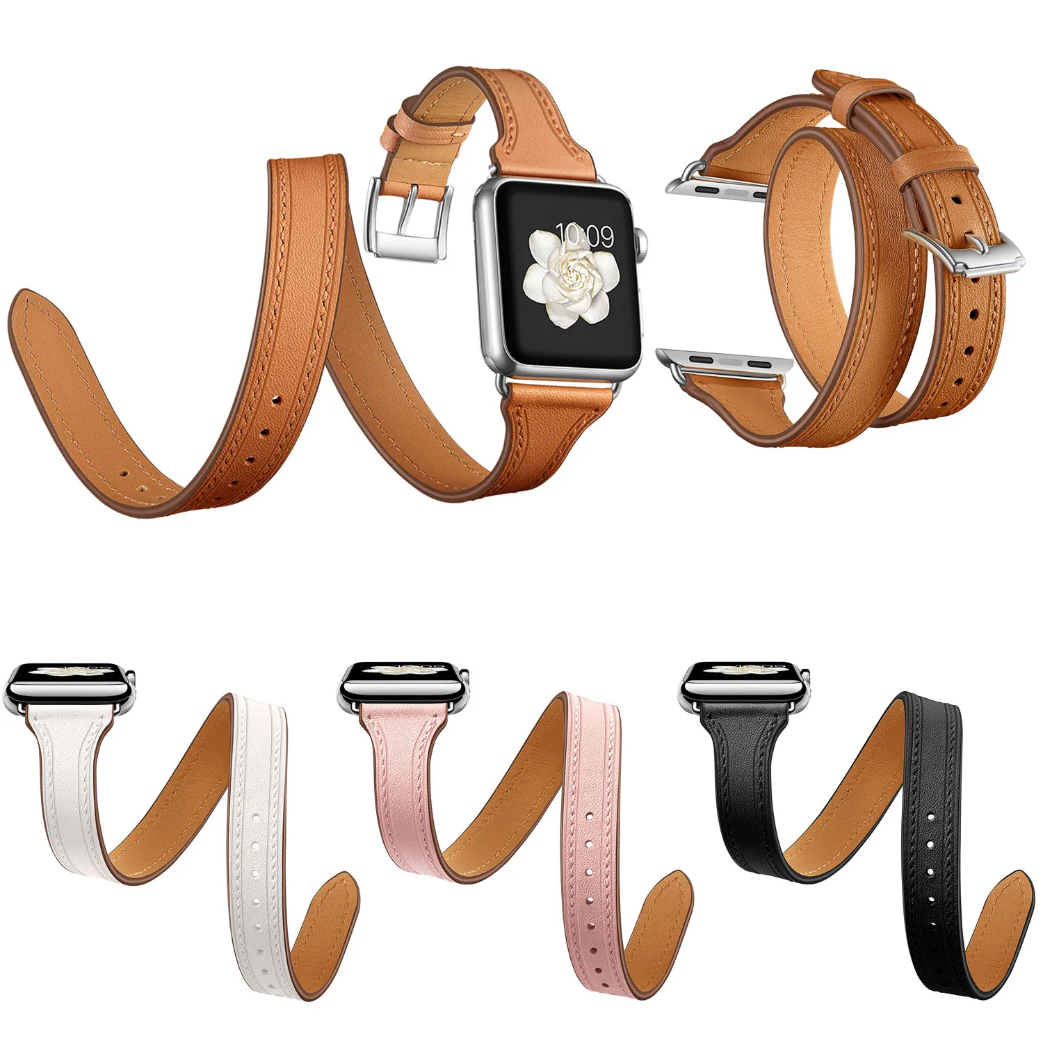 44mm 40mm Genuine Leather Band for Apple Watch Series 9 8 7 6 5 Double Tour Bracelet Leather Strap Women's Watchband 41mm 45mm