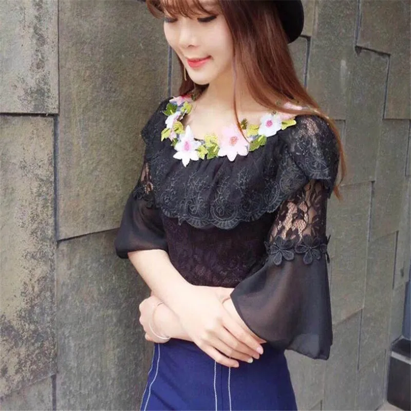 2018 Vrouwen Zomer Mesh Shirt Zoete Bloemen Kant Blouse Vrouwelijke Slash Hals Korte Mouw Blouses Blusas Dieptepunt Korte Tops AB848