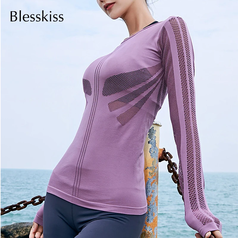 BLESSKISS Mesh Sport Shirt For Women Yoga Top Quick Dry Fitness Sports Gym Long Sleeve Jacket Activewear