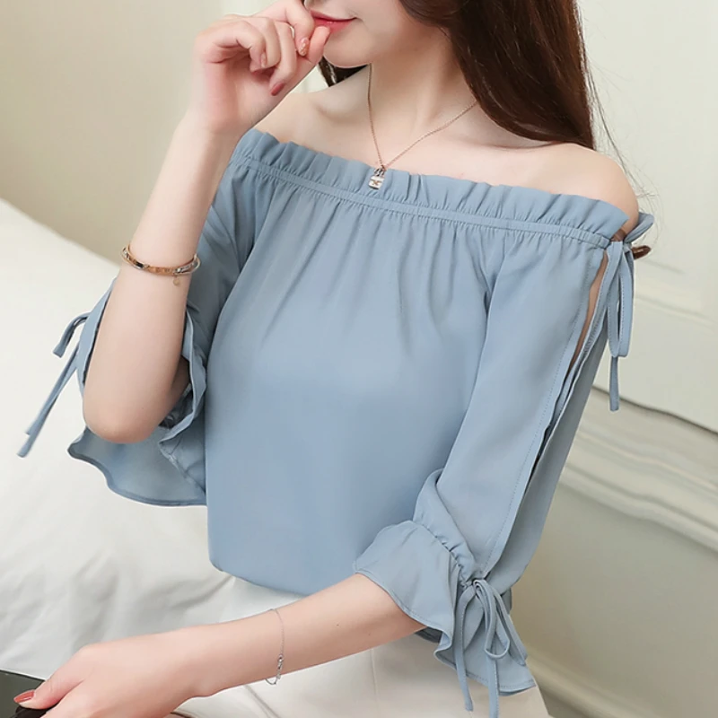 Blusas Mujer De Moda 2024Chiffon Blouse Women Summer Blouse Slash Neck Off Shoulder Top Womens Tops And Blouses B107