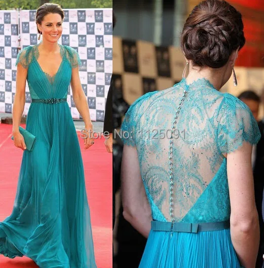 Kate – robe de soirée en mousseline de soie, sur mesure, col en V, dentelle, ceinture, perles, longueur au sol, robe de célébrité, bleue, meilleure vente