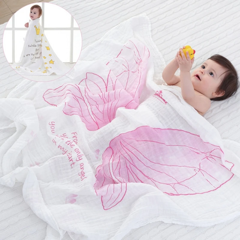 

2024 New Air Conditioning Blanket Girls Angel Wings Muslin Cotton Infant Holds Baby Blankets Towel 115x120cm