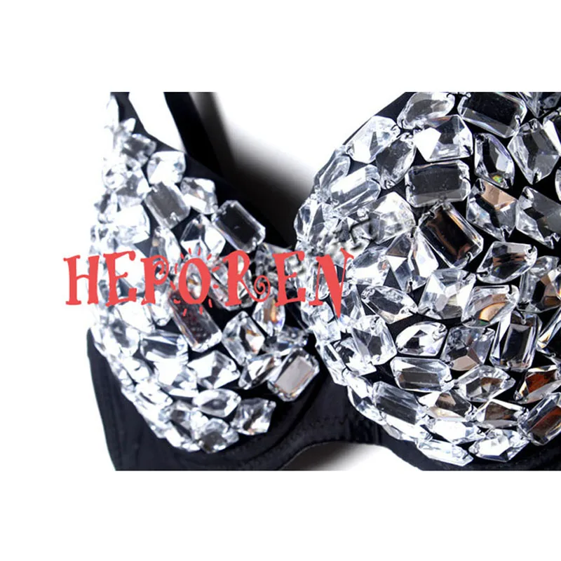 Women Handmade Diamond Brassiere Night Club Crystal Bras Bikini Ballroom Dancing Bras, Female Sexy Silver Sparkling Diamond Bra