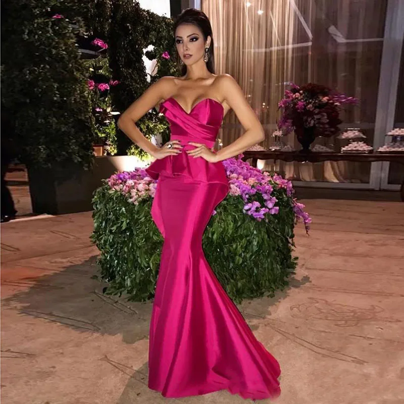 Fuchsia Long Mermaid Evening dresses with Peplum Ruched Sweetheart Formal Dresses Zipper Back Prom Gowns Maid of Honor Dress