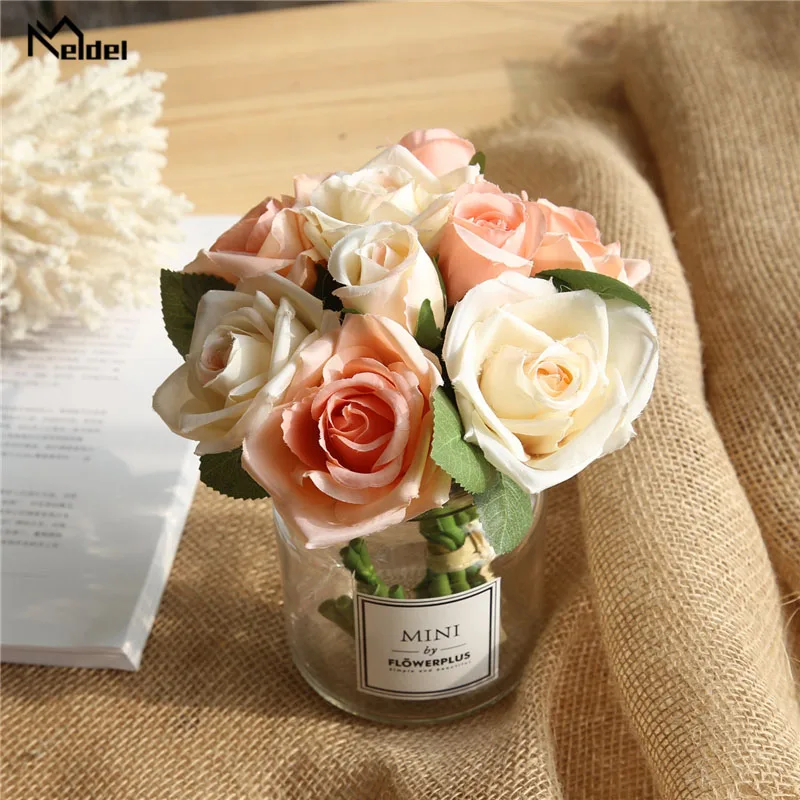 Meldel เจ้าสาวงานแต่งงานดอกไม้ประดิษฐ์ Rose Peony 7 หัวดอกไม้สีชมพูเพื่อนเจ้าสาว Bouquet DIY งานแต่งงานอุปกรณ์