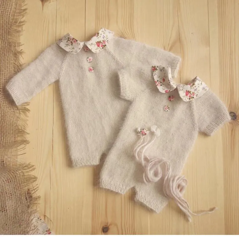 Newborn photography props,handmade mink yarn knit romper with headband for baby photography props