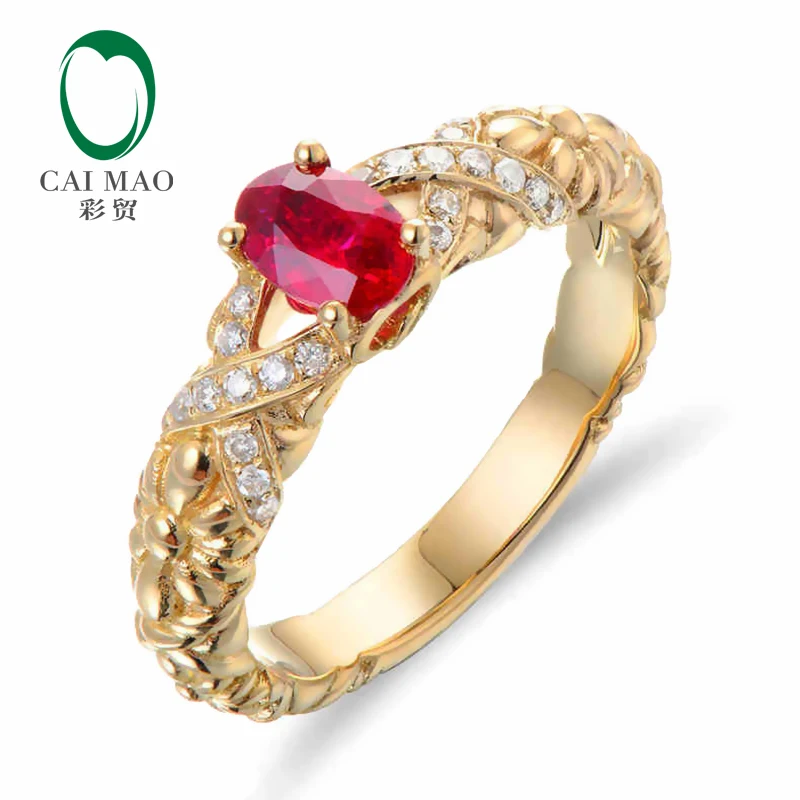 

CaiMao 18KT/750 Yellow Gold 0.65 ct Natural Red Blood Ruby & 0.12 ct Full Cut Diamond Engagement Gemstone Ring Jewelry