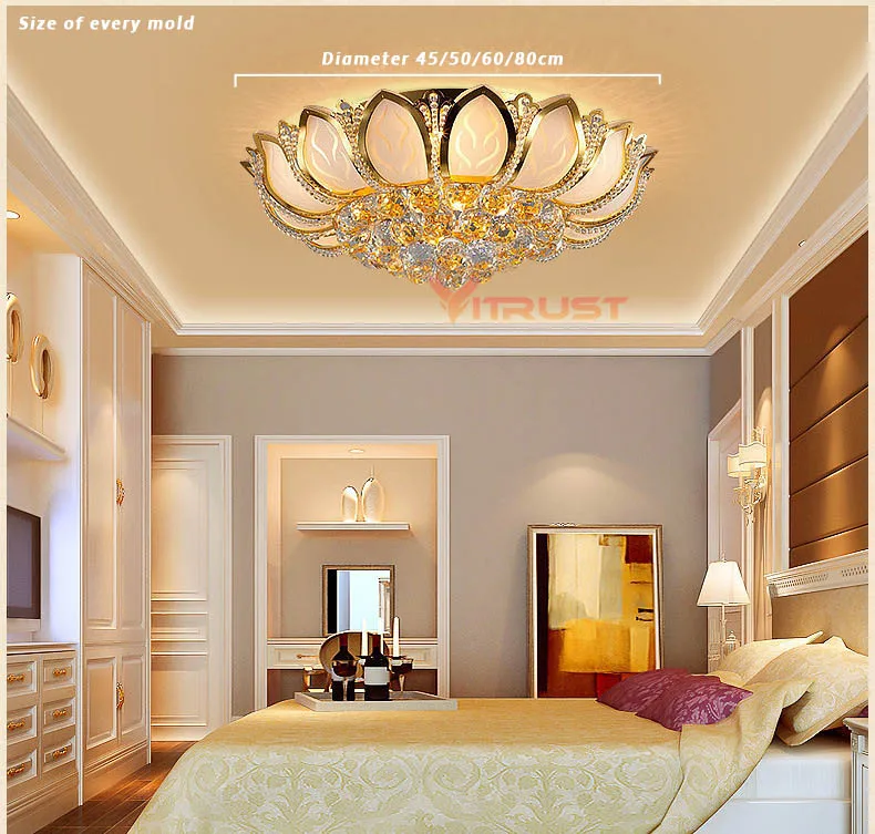 European Luxury Golden LED crystal Ceiling Light E14 Bulbs Golden Lighting Crystal Circular Living Room Ceiling Lamp