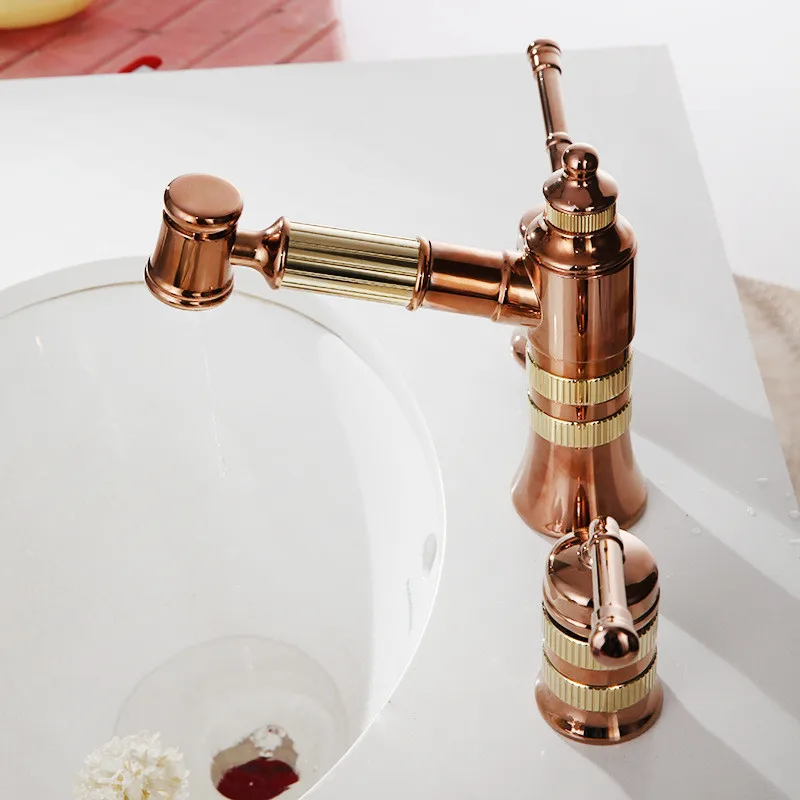 

Bathroom Widespread Basin Faucet Brass Pull Out Spray Nozzle Sink Mixer Tap Hot & Cold Dual Handle 3 Holes Deck Mount Rose gold