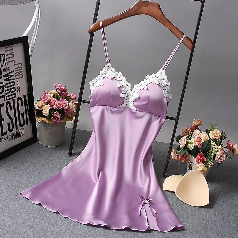 Ladies Sexy Nightdress Silk V-neck Floral Sleepwear Lingerie Babydoll Nightgown Mini Sleeveless Women Sleepshirt With Padded Bra