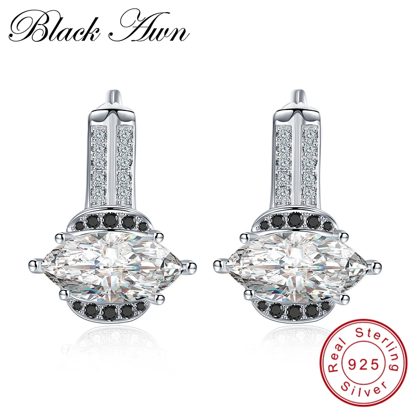 

[BLACK AWN] Fine Real 925 Sterling Silver Jewelry Black Spinel Wedding Stud Earrings for Women Silver 925 Jewelry T009