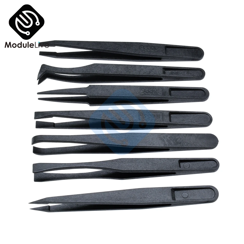 7pcs Anti-static Tweezer Tool Straight Bend Plastic Heat Resistant