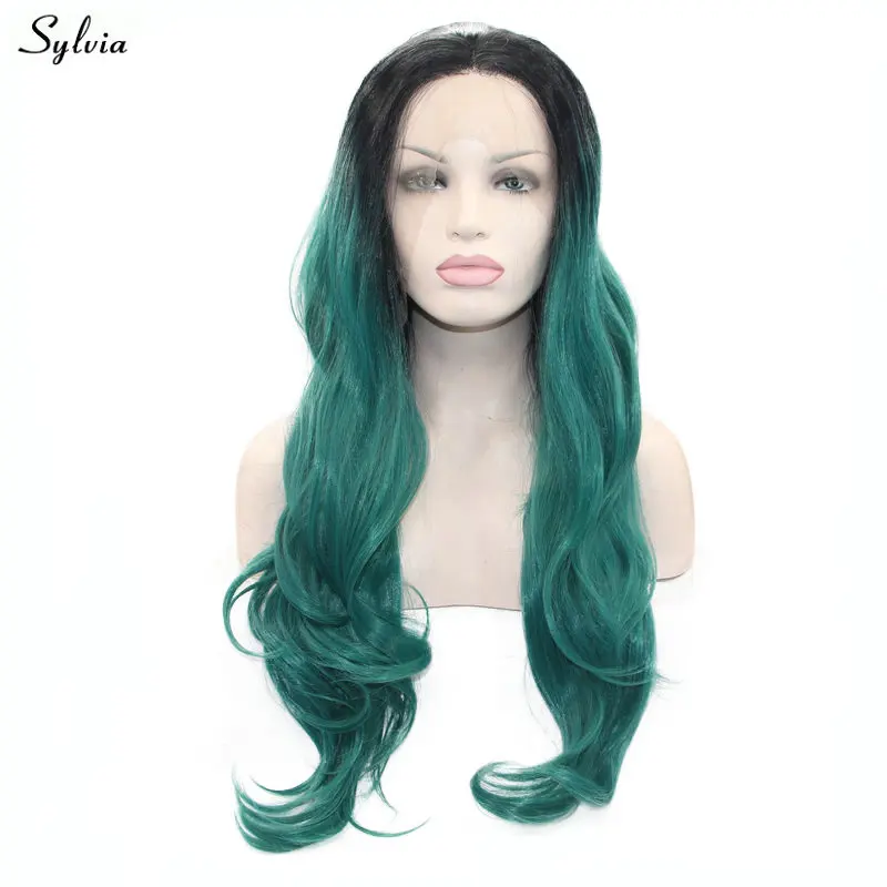 

Sylvia Black Roots Ombre Green Hair Synthetic Wigs Heat Resistant Long Wig Glueless Lace Front Wigs For Women Ladies Cool Color