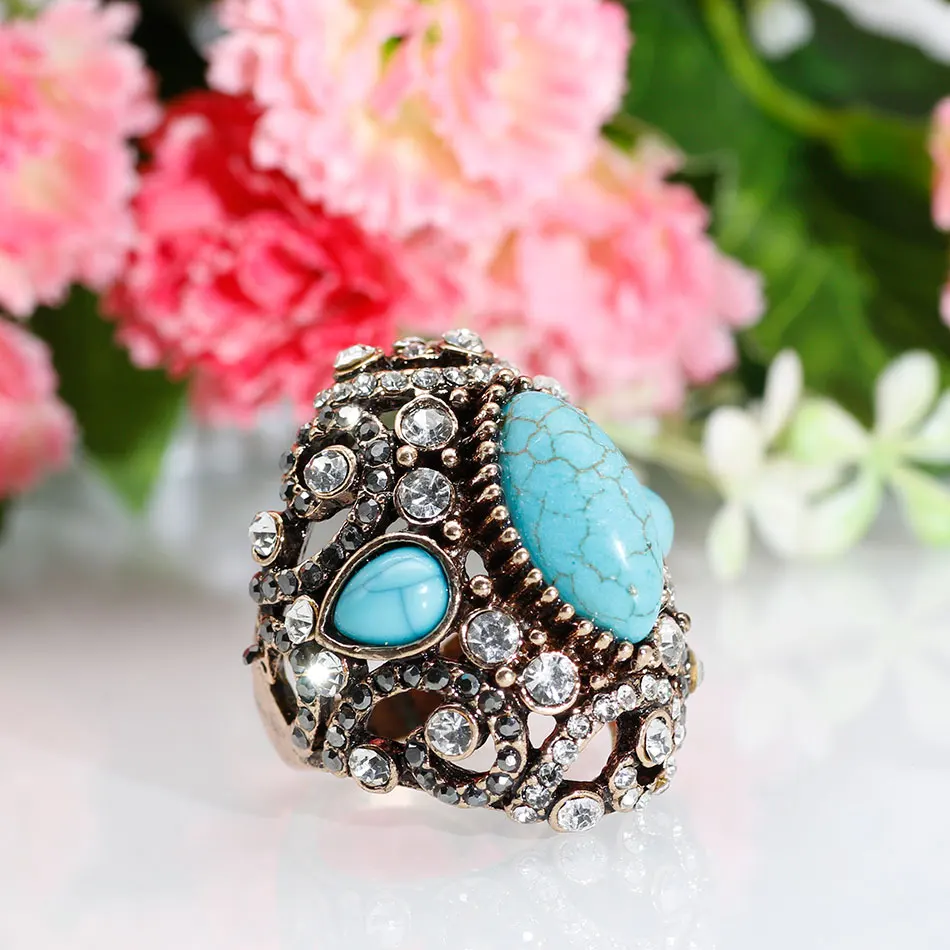 SUNSPICE ms Big Antique Rings For Women Blue Natural Stone Vintage Wedding Engagement Crystal Rings Jewelry Retro Gold Color New