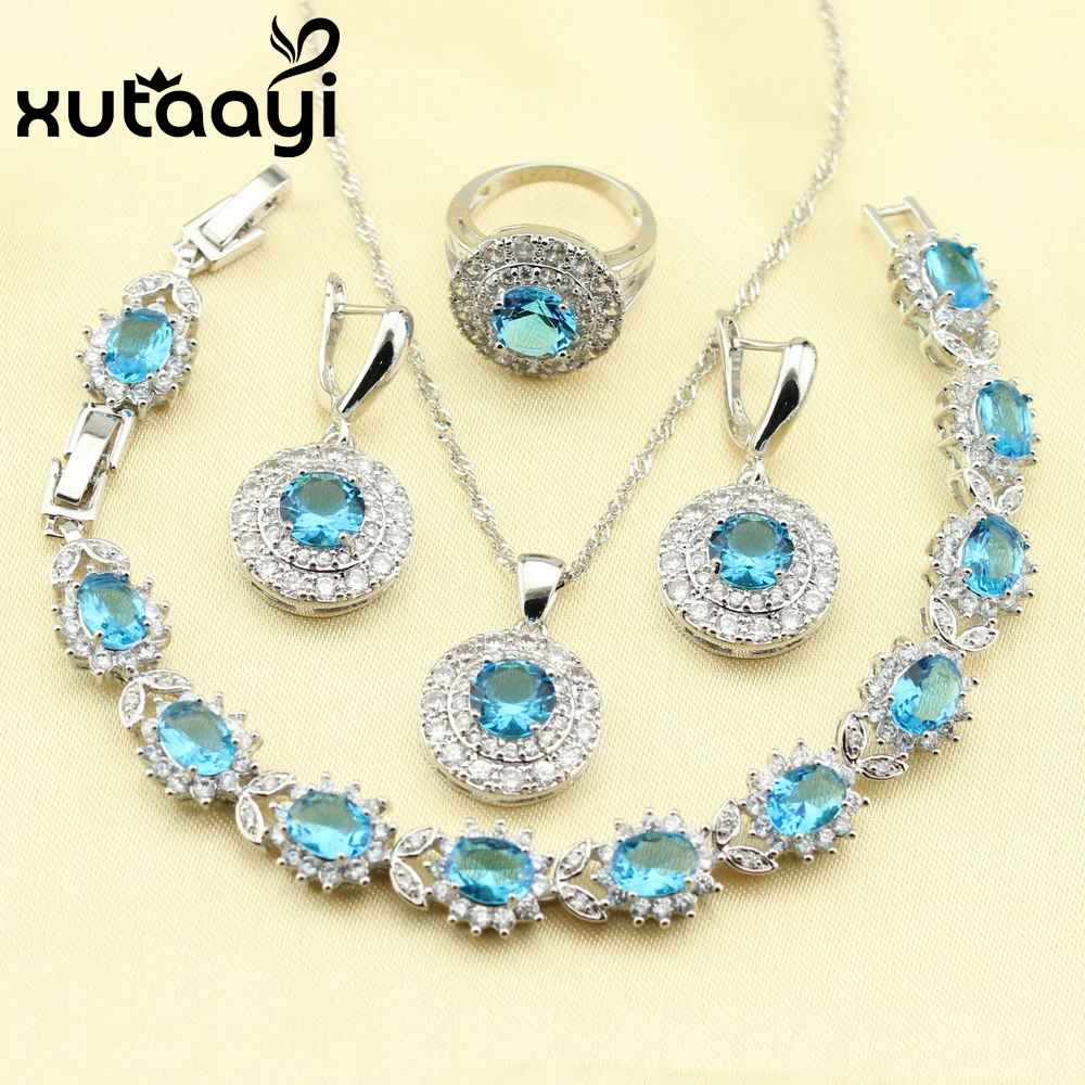 XUTAAYI Stunning Alluring Blue Zircon 4PCS Jewelry Set  Sterling Silver Earrings Ring Necklace Pendant Bracelet