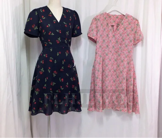 A Line Dresses Summer Women Korean Japan Preppy Style Clothes Girls Lady V Neck Pink Navy Blue Floral Print Vintage Dress