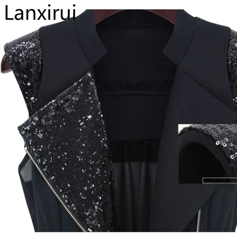 Autumn New European And American Fashion Sequins Decorated Wild Slim Turndown Collar Zipper Vest Punk Wind Black Waistcoat