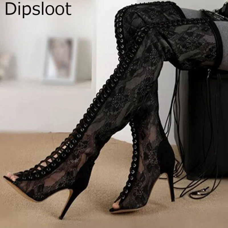 Real Pics Feminina Suede Peep Toe Cross Lace-up Thigh High Boots Zip Thin High Heel Over Knee Long Botas Shoes Big Size 45