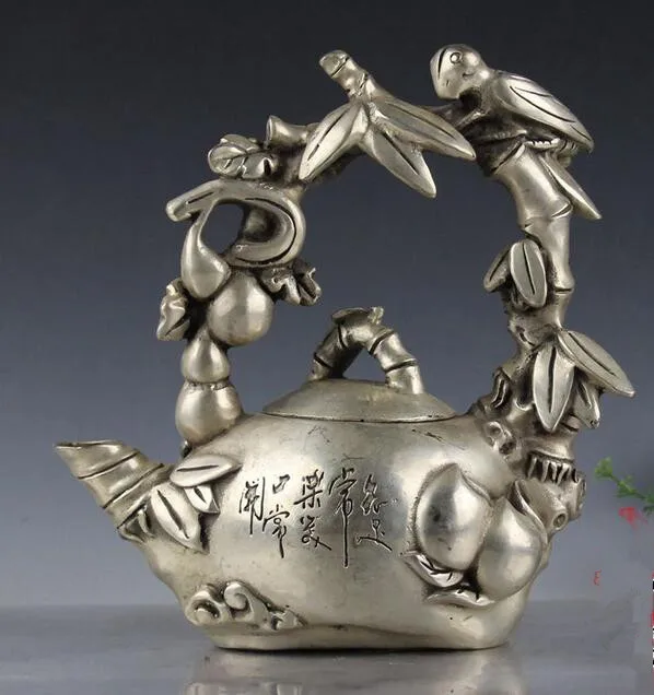 

China collection archaize white copper parrot gourd bamboo teapot craft statue
