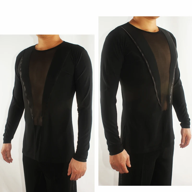 Black Latin Dance Shirt Men Ballroom Tango Competition Performance Dance Wear Round Neck Cha Cha Salsa Samba Clothes DNV10361