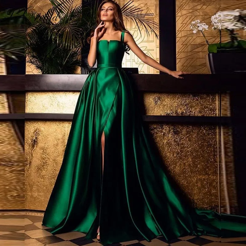 PEORCHI Prom Dress Satin 2019 Long Elegant Party Gowns For Women Saudi Arabia Emerald Green Evening Dress Detachable Skirt