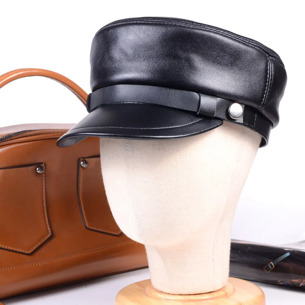 Casquette de loisirs unisexe en cuir véritable pour hommes et femmes, chapeaux plats gavroche militaires, casquettes noires