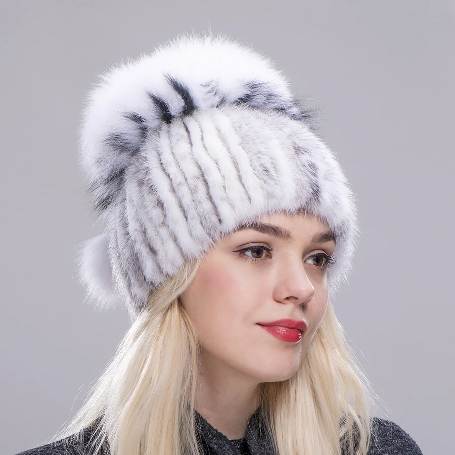 

2020 FXFURS New Style Winter Warm Real Mink Fur Cap For Women Natural Mink Hats Vertical Weaving With Fluffy Fox Fur hats