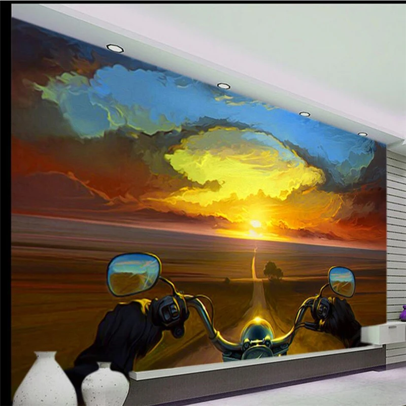 wellyu papel de parede para quarto Custom wallpaper Creative oil painting motorcyclist sunset living room TV wall paper behang