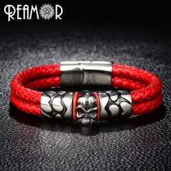 REAMOR Trendy Male Cuff Bracelets Crack Skull Head Double Leather Rope Bracelets 316l Stainless Steel Magnet Clasp Men Jewelry