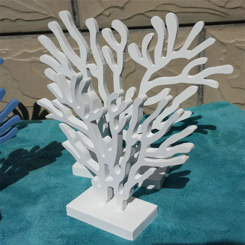Mediterranean Style Wooden Coral Set, Desktop Ornaments, White Ocean Blue, Handmade Crafts, Home Decorations, 3 Pcs