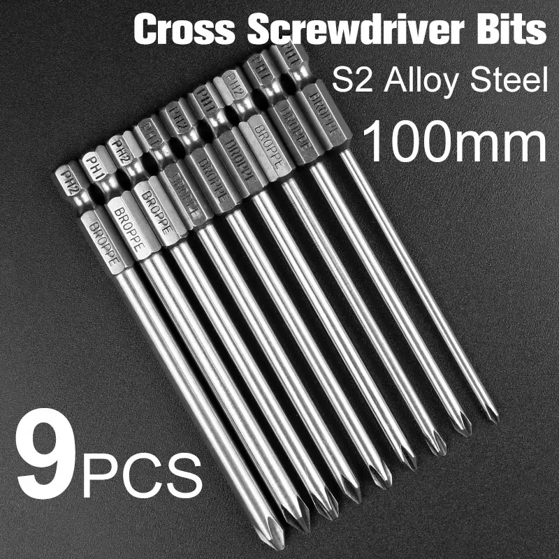 9pcs S2 Alloy Steel 100mm Long Magnetic Hex Screwdriver Bit Set Magnetic Philips Screwdriver Set 1/4 Inch 6.35mm Shank